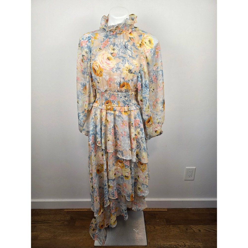 ELLIATT Astrid Floral Chiffon Maxi Dress High Ruffle Neck Smocked Waist Peach S